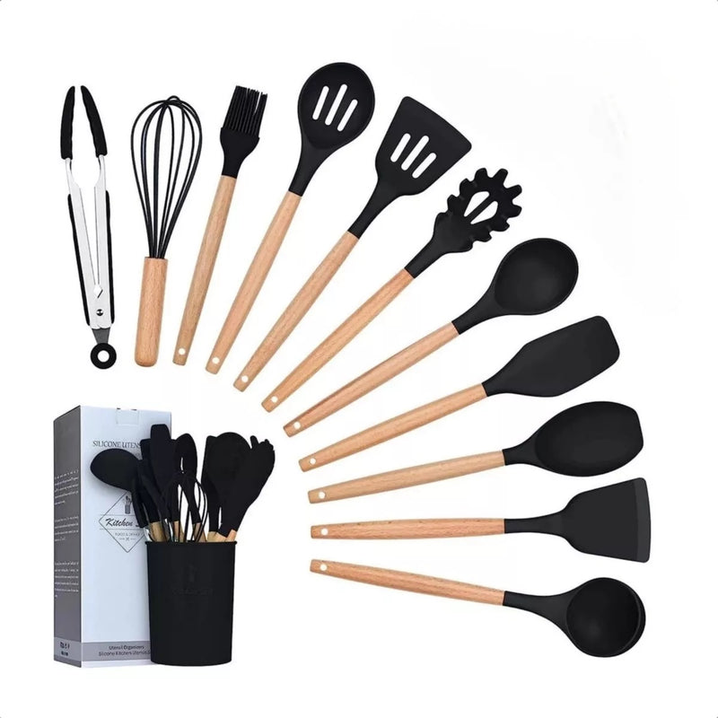 Jogo 12 Peças Utensílios Cozinha Silicone Colher Espátula