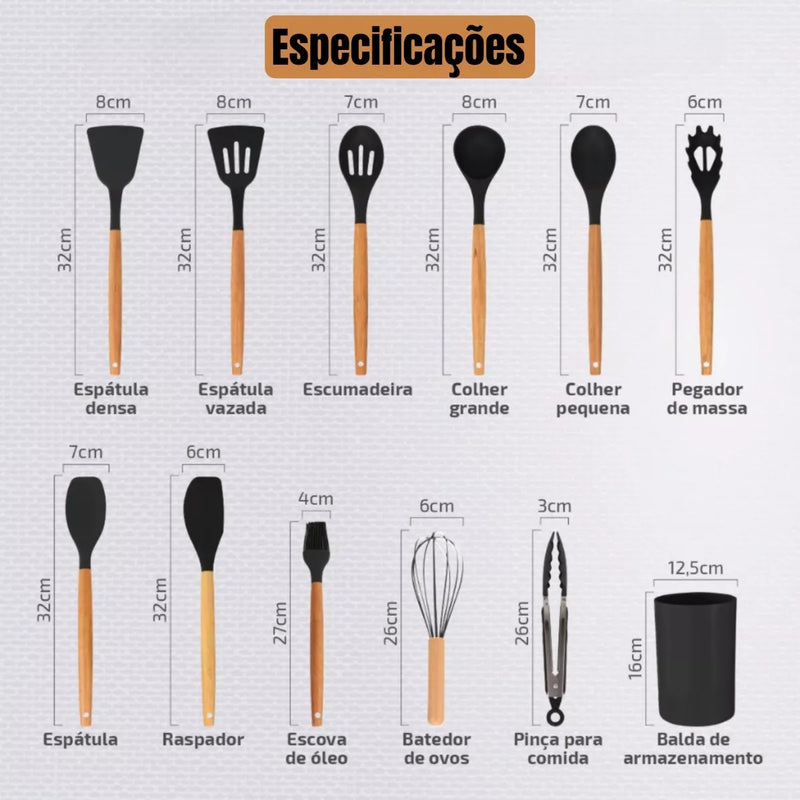 Jogo 12 Peças Utensílios Cozinha Silicone Colher Espátula