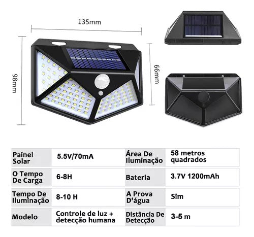 Luminária Solar Jardim 100 Led Com Sensor Presença Lampadas