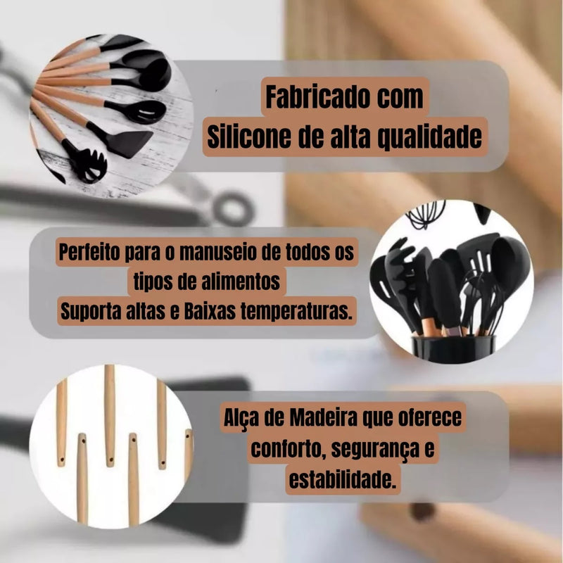Jogo 12 Peças Utensílios Cozinha Silicone Colher Espátula