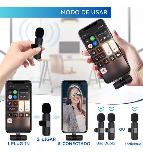 Microfone Sem Fio Lapela p/ iPhone e Android