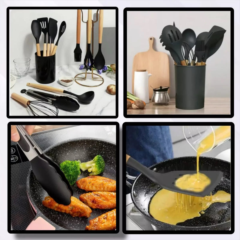Jogo 12 Peças Utensílios Cozinha Silicone Colher Espátula